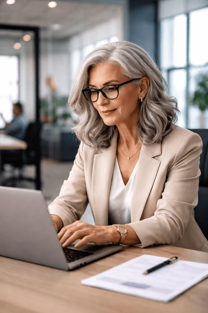 Stylish older woman with grey hair working on her laptop in an office setting.