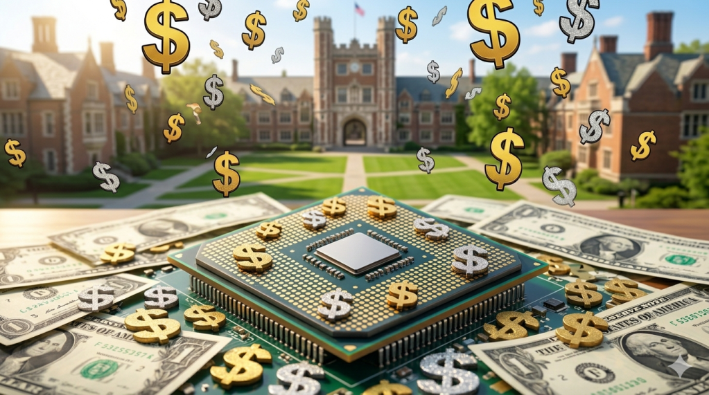 Nondescript university in background with computer chip in foreground surrounded by dollar signs. 